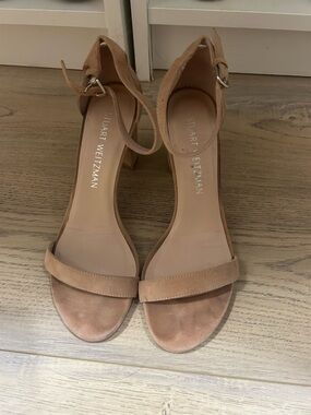 Stuart Weitzman Nude Tan Suede Ankle-Strap Block Heel Sandals